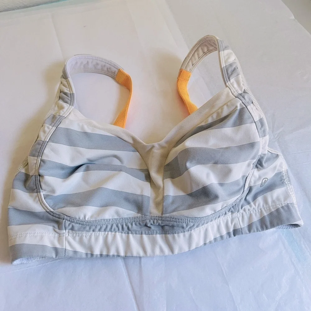 Lululemon Gray and Orange Stripped Sports Bra, supportive straps